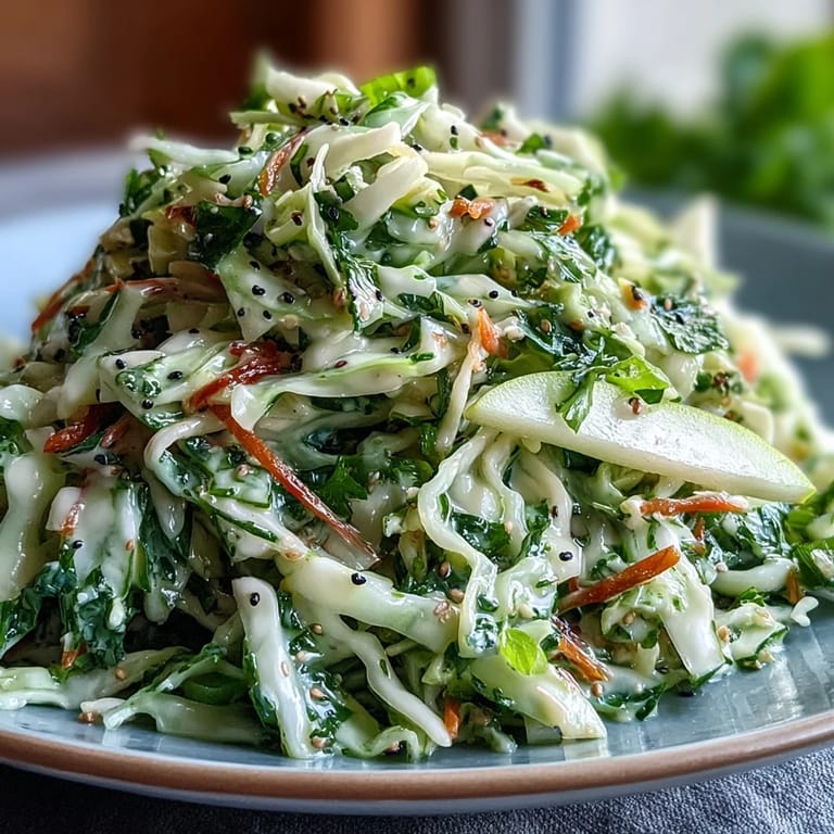 Cremiges Green Cabbage and Apple Slaw, gewürzt mit Apfelessig und Dijon-Mustard.