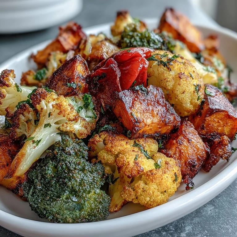Knusprig geröstetes, farbenfrohes Gemüse mit goldenem Kurkuma-Schimmer und Kräutern, eine vegane Wohltat für jeden Teller.