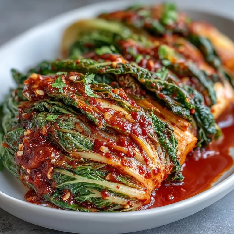 Tangy and spicy Korean kimchi served in a small ceramic bowl, garnished with scallions for a crunchy, probiotic-rich side dish.