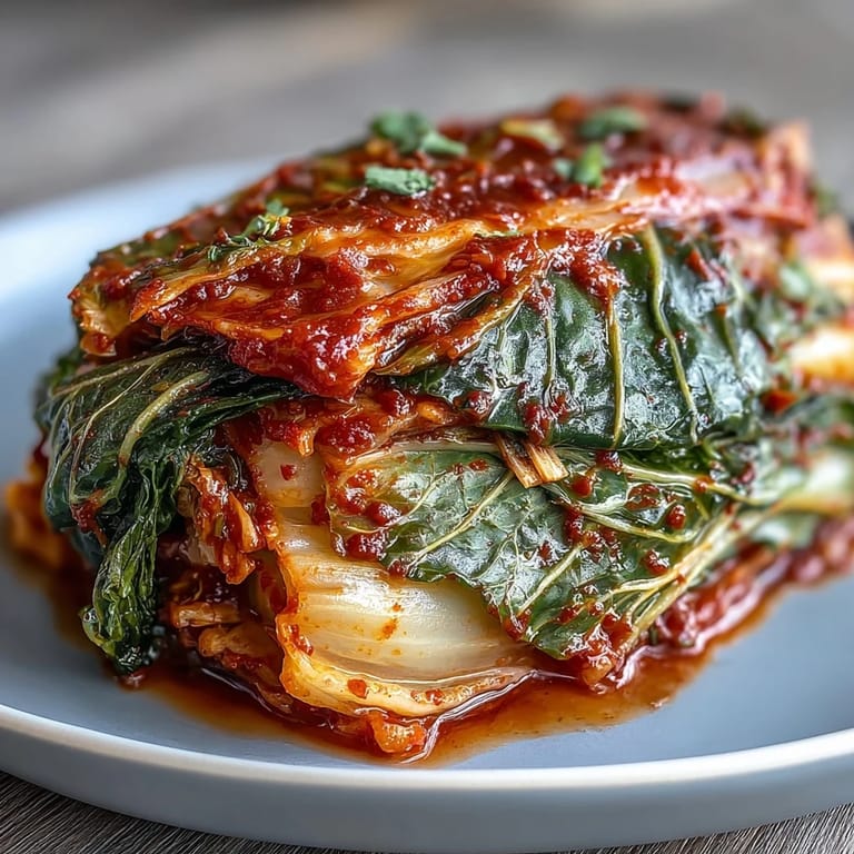 Freshly made kimchi packed in a fermentation jar, vibrant orange paste coating napa cabbage and daikon radish for a bold side.