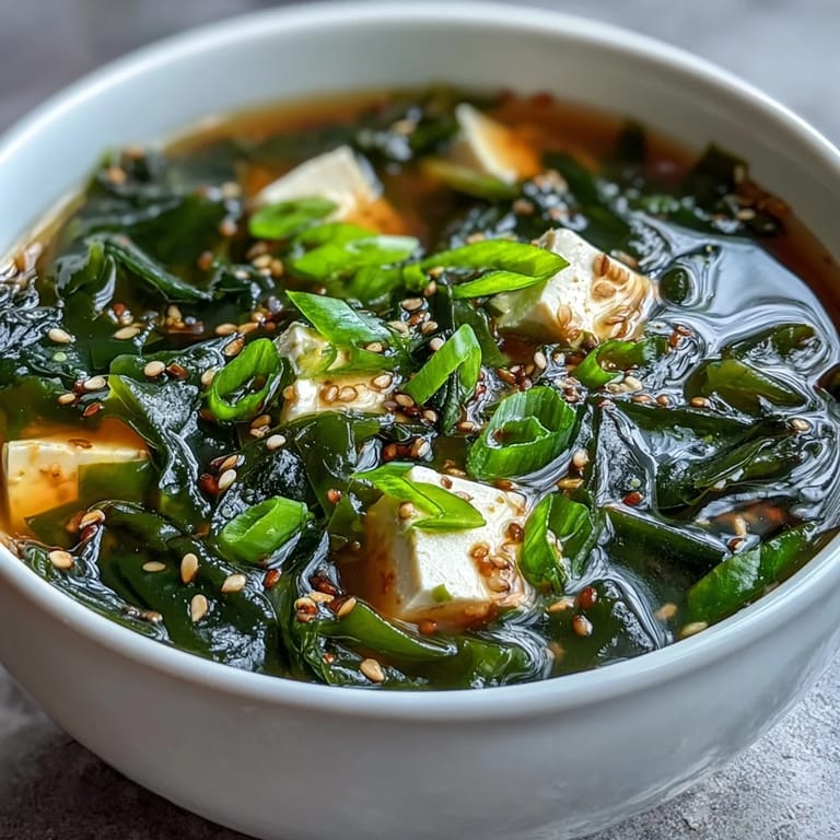 Leichte Wakame-Suppe dampft, servierfertig mit grünen Frühlingszwiebeln garnernt.
