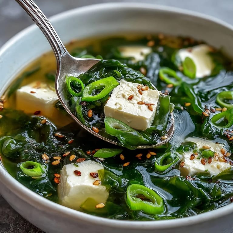 Genießen Sie diese nahrhafte Wakame-Suppe, warm serviert als gesunde Vorspeise.