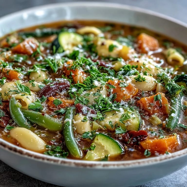 Colorful seasonal Vegetable Minestrone in a white bowl, topped with fresh herbs and a drizzle of olive oil.