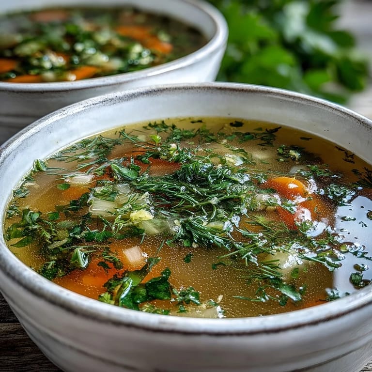 Frau serviert dampfende Lemon Herb Soup aus einem Topf mit Löffel und Zitronen рядом.