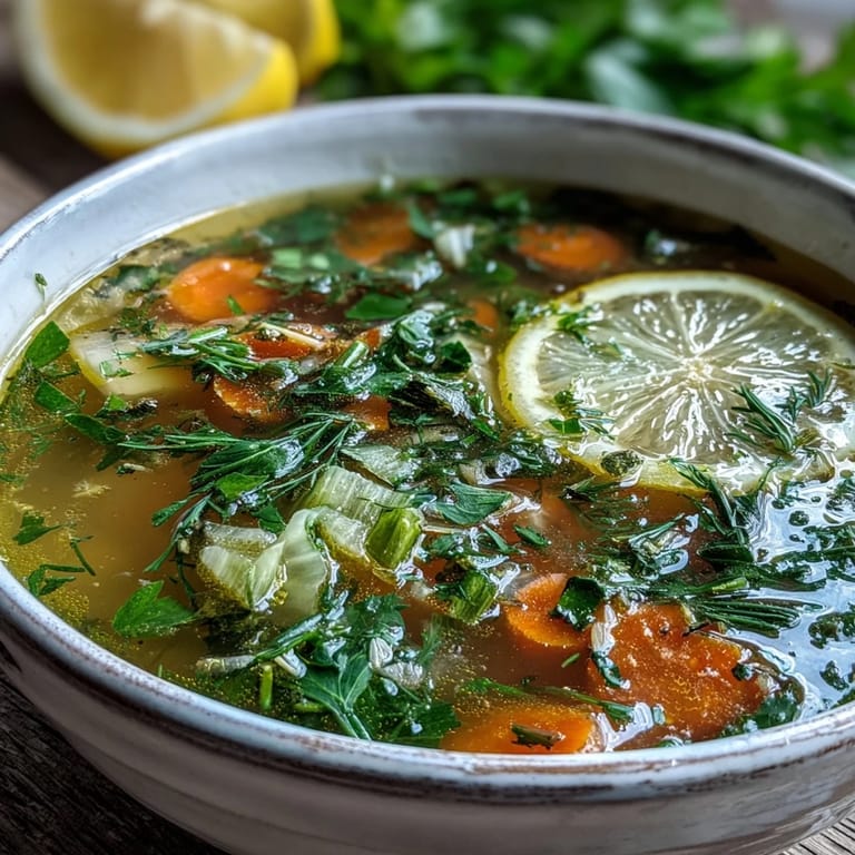Nahansicht der Zutaten für Lemon Herb Soup, frische Kräuter und Zitrusfrüchte auf Holzuntergrund.