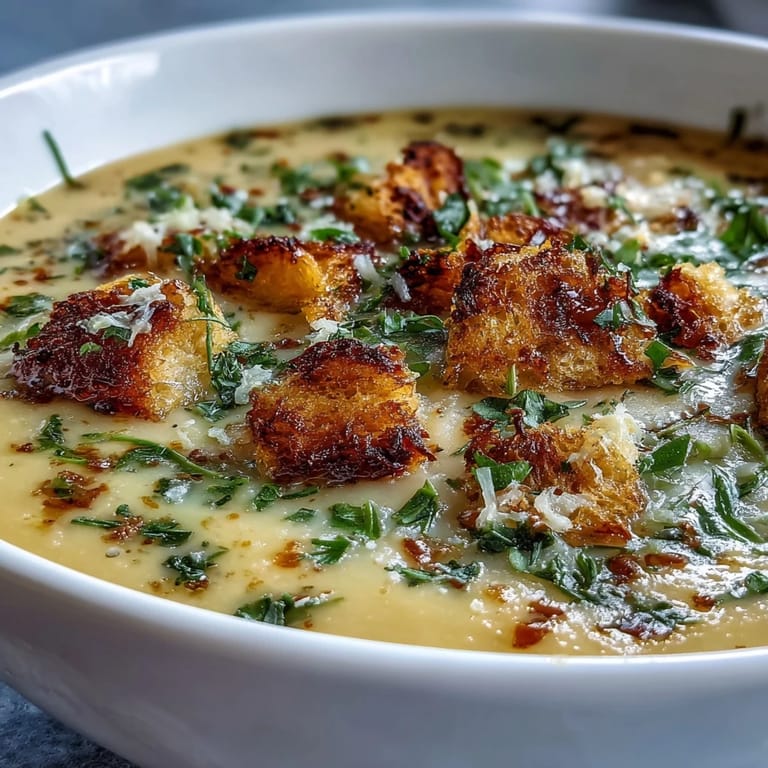 Löffel voller Garlic and Herb Soup mit goldenen Croutons und gehackter Petersilie.