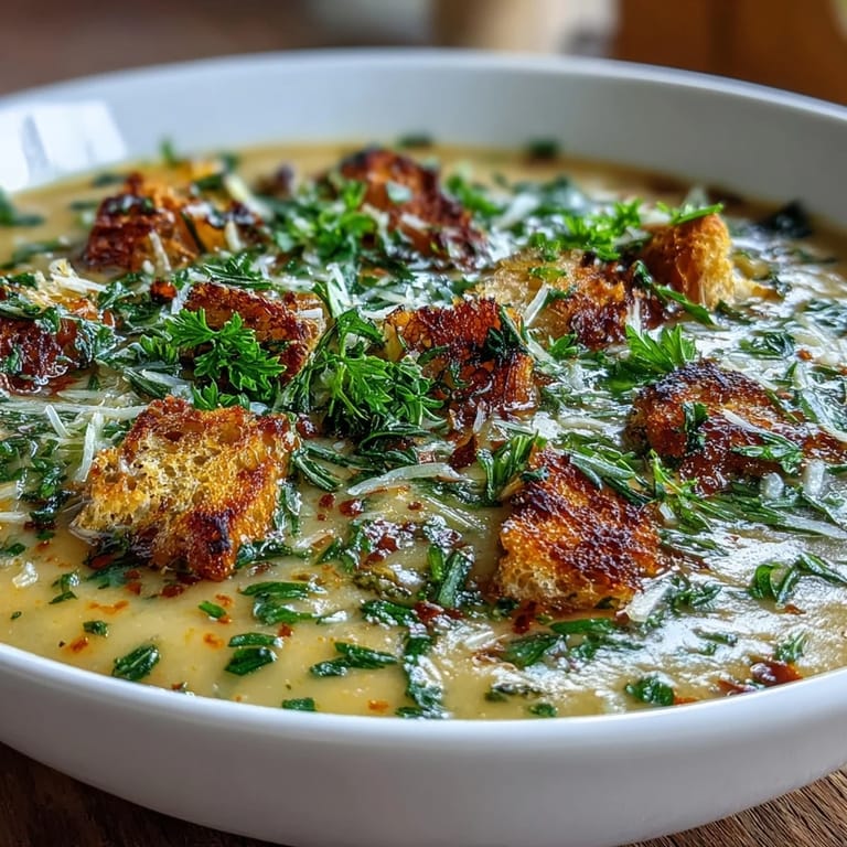 Keramikschüssel mit heißer Garlic and Herb Soup, garniert mit Parmesan und Schnittlauch.