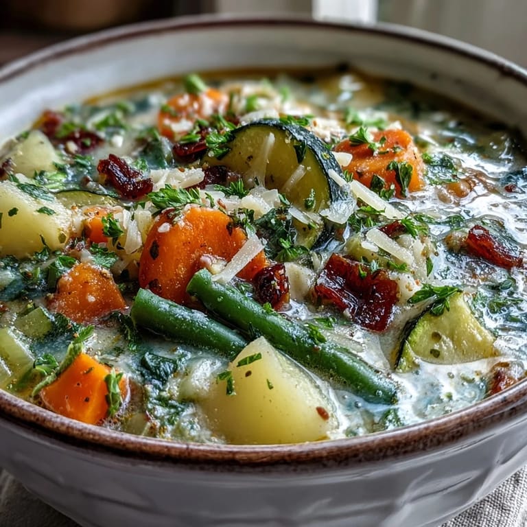 Schüssel mit Parmesan Veggie Soup, serviert mit knusprigem Brot für eine herzhafte Mahlzeit.