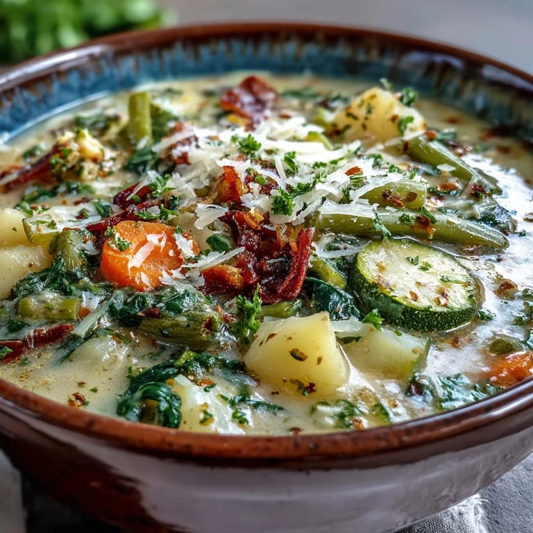 Gewürzte Parmesan Veggie Soup mit buntem Gemüse, blubbernd im Topf und frisch geriebenem Käse.