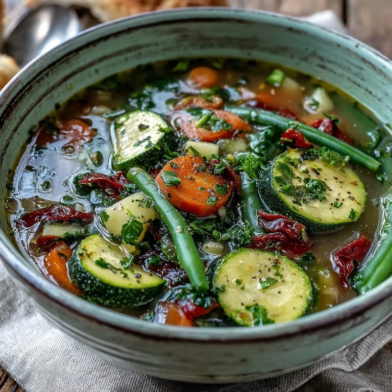 Italian Herb Vegetable Soup dampfend serviert mit viel buntem Gemüse und italienischen Kräutern.