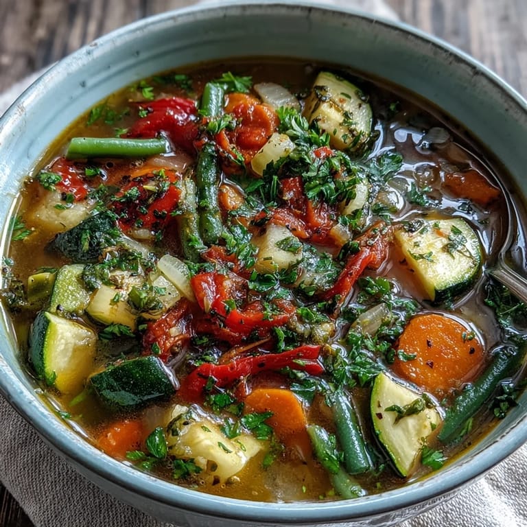 Italian Herb Vegetable Soup mit cremigen weißen Bohnen und Petersilie garniert, perfekt für einen Eintopf.