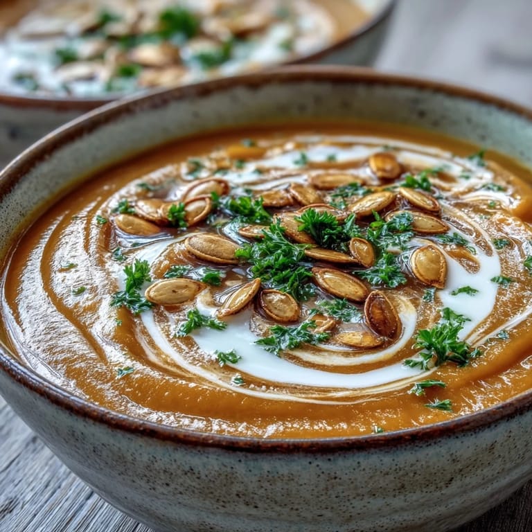 Homemade Pumpkin Soup, püriert und mit gerösteten Kürbiskernen bestreut serviert.