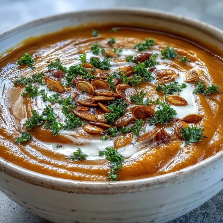 Gewürzte Pumpkin Soup mit Sahnebraus und frischen Kräutern auf dunklem Teller.