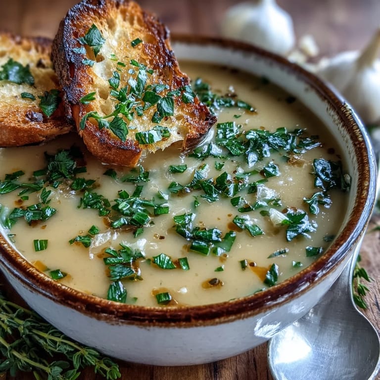 Golden roasted garlic bulbs and diced Yukon Gold potatoes simmering in an aromatic herb broth for a comforting soup.