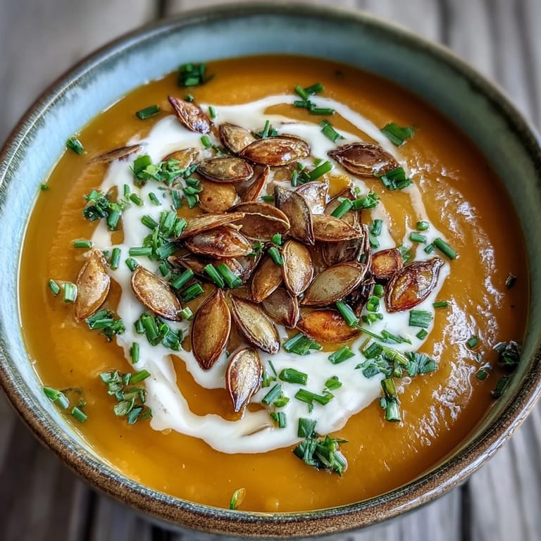 Creamy Acorn Squash Soup garnished with chives, a drizzle of cream, and rustic bread.