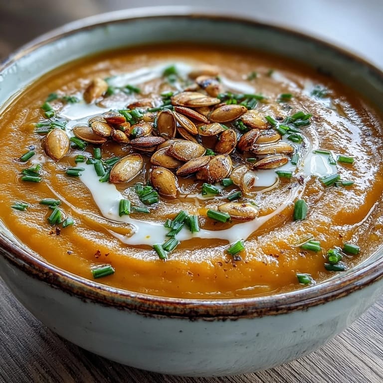 Warm Acorn Squash Soup in a rustic bowl, topped with toasted pumpkin seeds and chives.