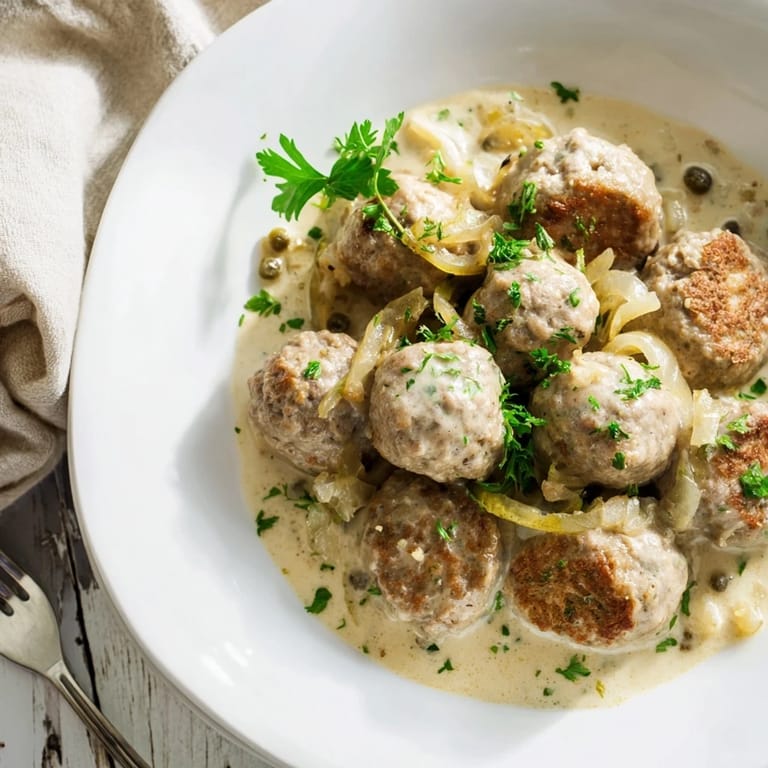 Delikate deutsche Fleischbällchen in einer köstlichen, cremigen Soße serviert mit frischem Gemüse.