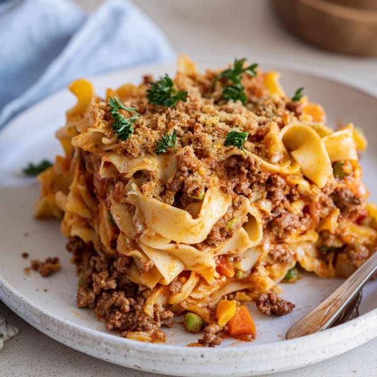 Würziger deutscher Nudelauflauf, ideal für gemütliche Familientreffen und feine Abendessen. 