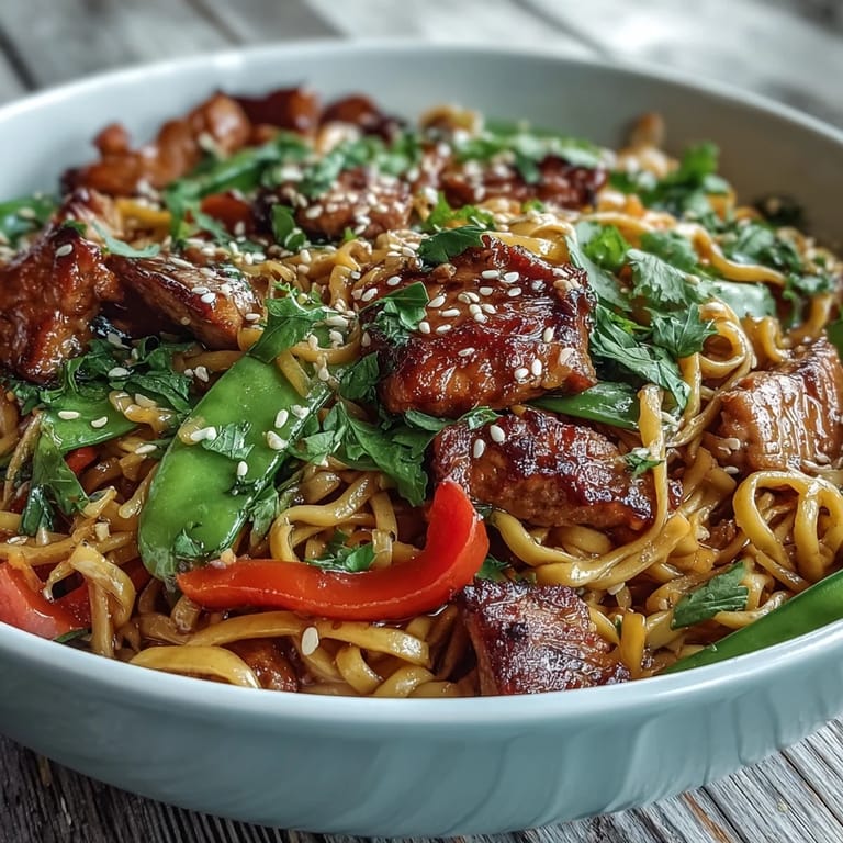Frisch gewürztes Pork Noodle Stir-Fry mit Eiernudeln, Paprika und einem glänzenden Sesam-Topping serviert.