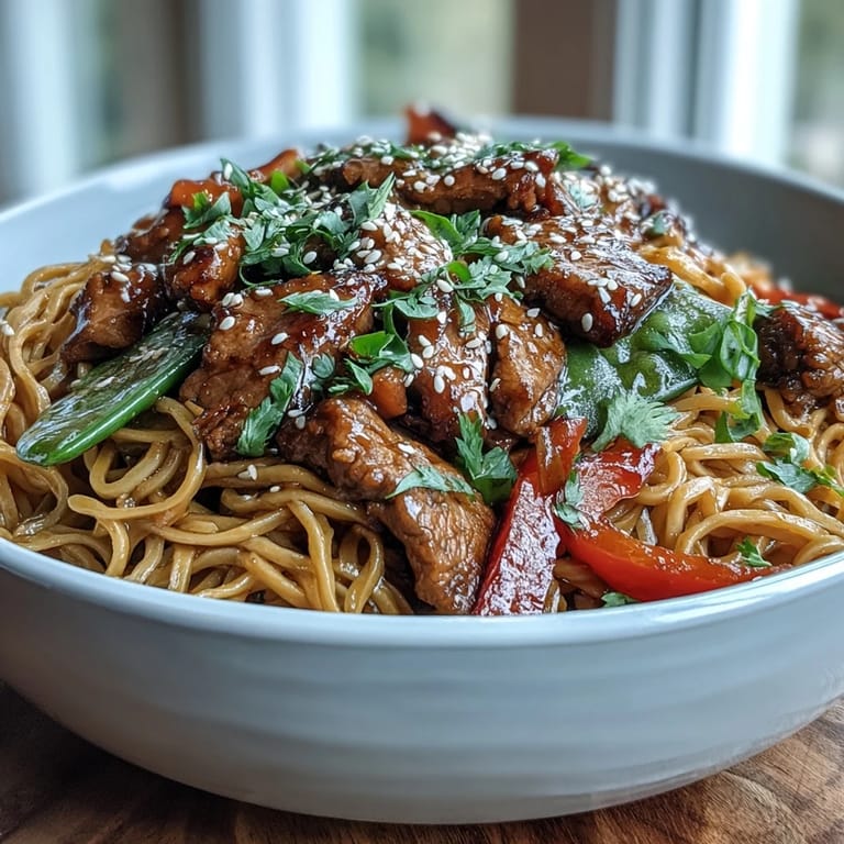 Saftige Schweinefleischstreifen und bunte Nudeln im würzigen Sauce-Gemisch: Der klassische Pork Noodle Stir-Fry.