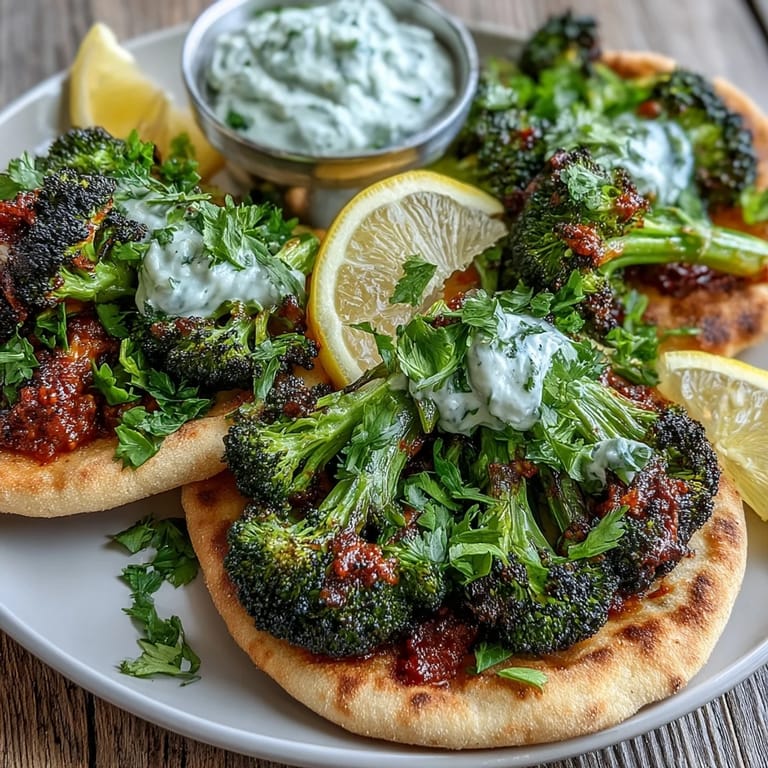 Spicy harissa broccoli piled onto flatbreads with lemon and fresh cilantro garnish.