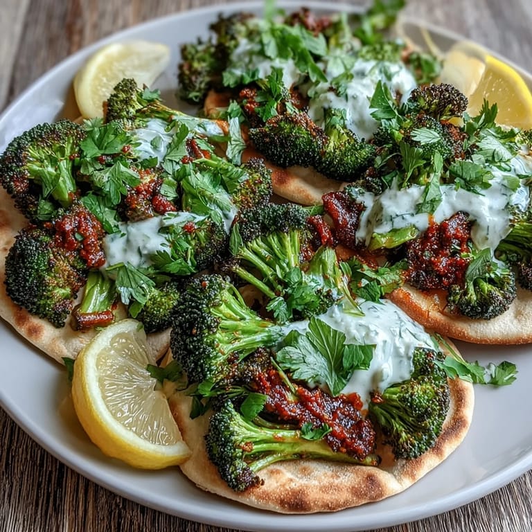 Golden flatbreads topped with charred harissa broccoli, Greek yogurt, and a squeeze of lemon.
