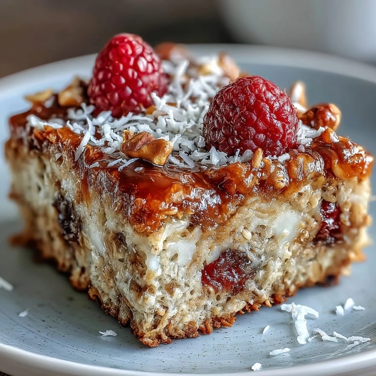 Herzhaftes gebackenes Haferflocken-Dessert mit leuchtenden roten Himbeeren und Kokosflocken.