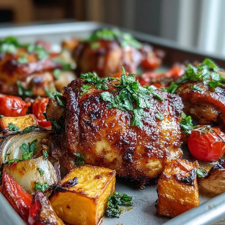 Chicken and Sweet Potato Traybake aus dem Ofen, würziges Piri-Piri-Hähnchen auf knuspriger Haut und weichem Gemüse, garniert mit Kräutern.