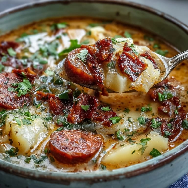 Die rustikale Potato, Leek and Chorizo Soup in einer Ofenterrine, begleitet von frischem Baguette auf dem Tisch.  
