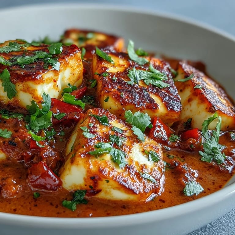 Goldene halloumi-würfel in einem aromatischen, cremigen Tomaten-Curry, garniert mit zitronenscheiben und gewürfeltem paprika, dampfend in der pfanne.