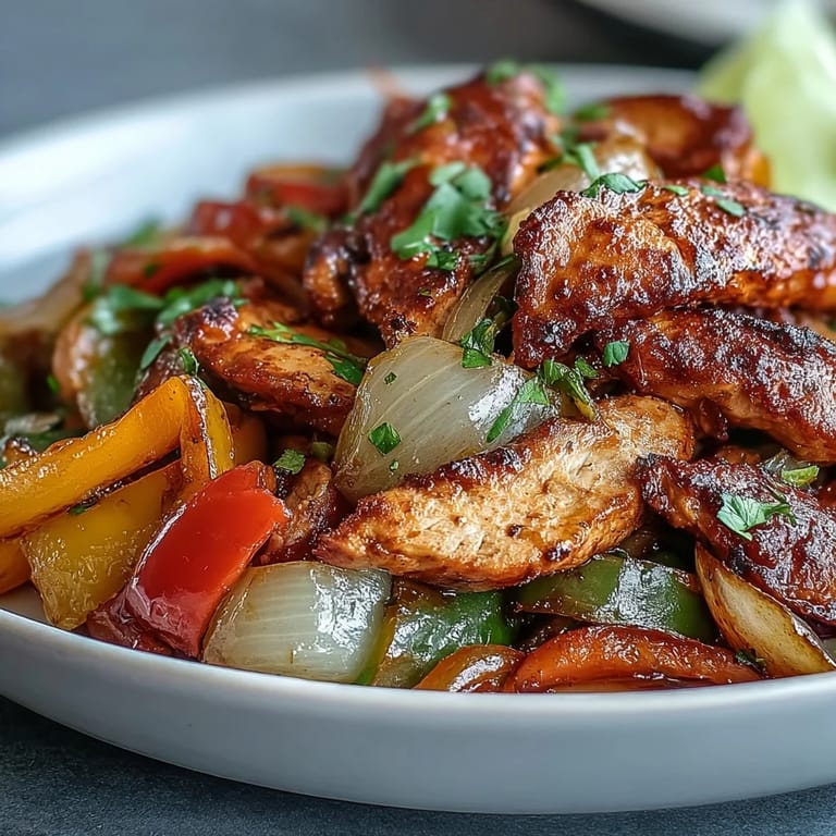 A skillet of vibrant Easy Chicken Fajitas with juicy chicken, onions, and peppers, garnished with lime wedges and cilantro for a fresh finish.