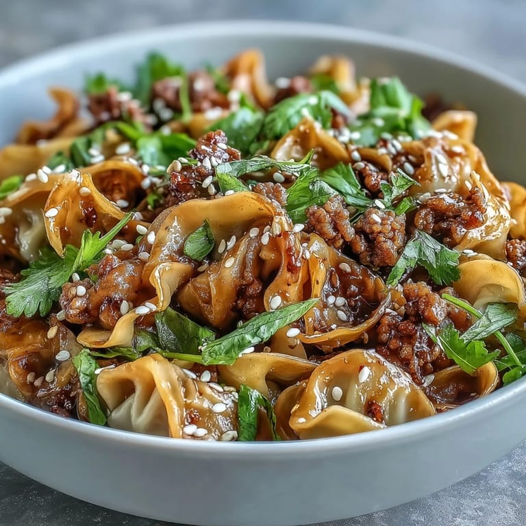 Potsticker Noodle Bowls topped with crisp vegetables, ground pork, sesame seeds, and chili-garlic sauce on a rustic table.