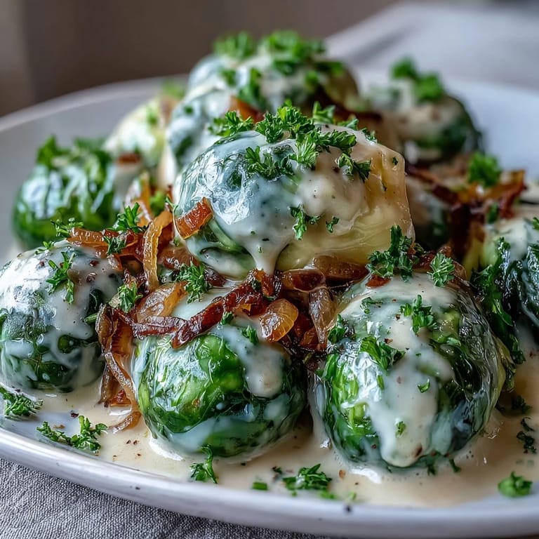 Golden Brussels sprouts tossed in a silky Dijon cream sauce, plated with chopped parsley for a savory side dish.