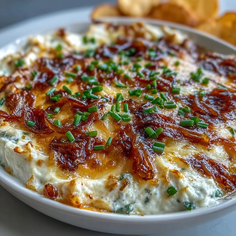 Frisch gebackener Smoked Gouda & Onion Dip glänzt mit cremiger Textur, Karamellzwiebeln und frischen Schnittlauchspitzen auf dem Teller.
