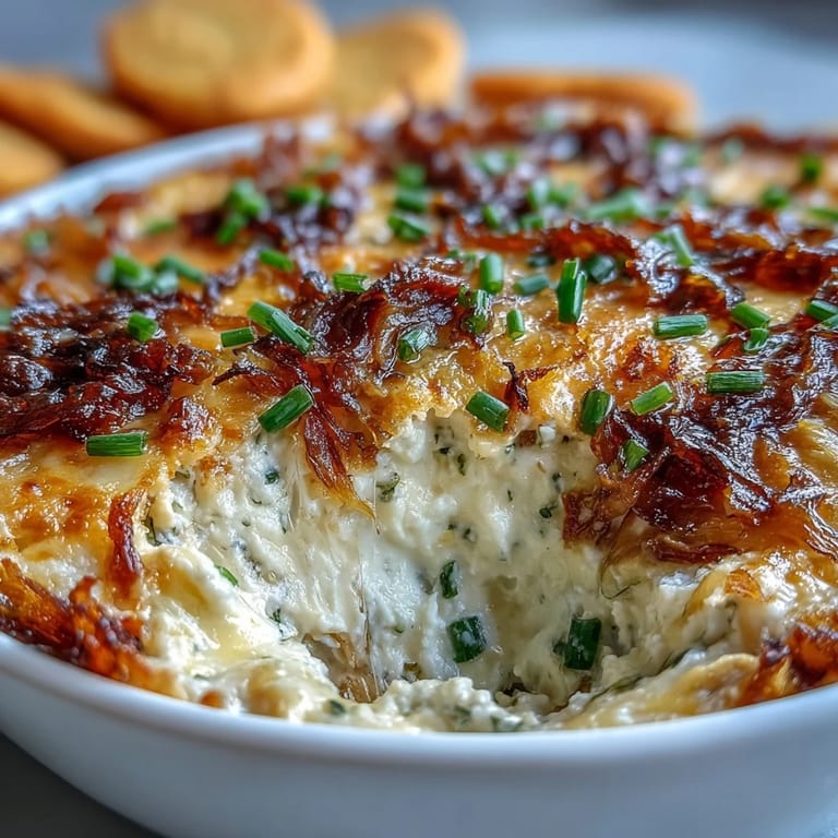 Genießbaren Smoked Gouda & Onion Dip sehen, mit Bläschen im Ofen gebacken und bereit für Cracker oder Radieschen.