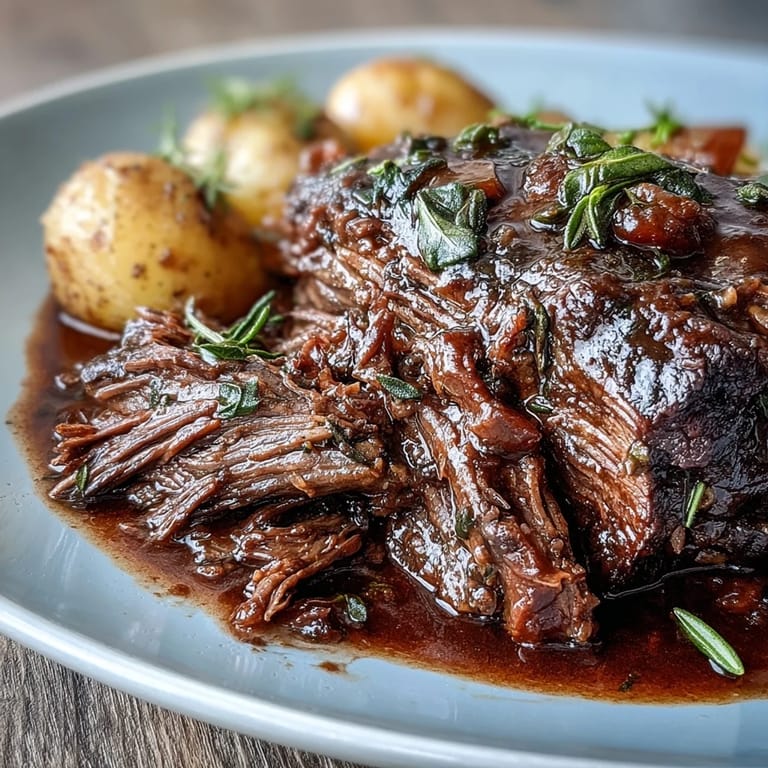 Zartes Beef Pot Roast aus dem Dutch Oven, mit Rosmarin und Kräutern garniert.