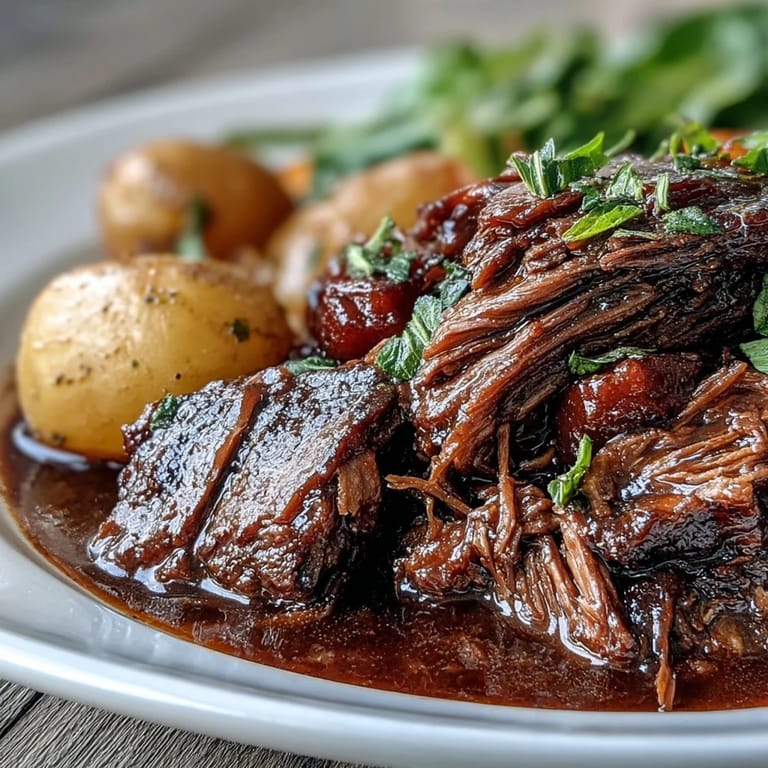 Saftiges Beef Pot Roast mit Babykartoffeln und Sellerie in einer reichhaltigen Sauce.