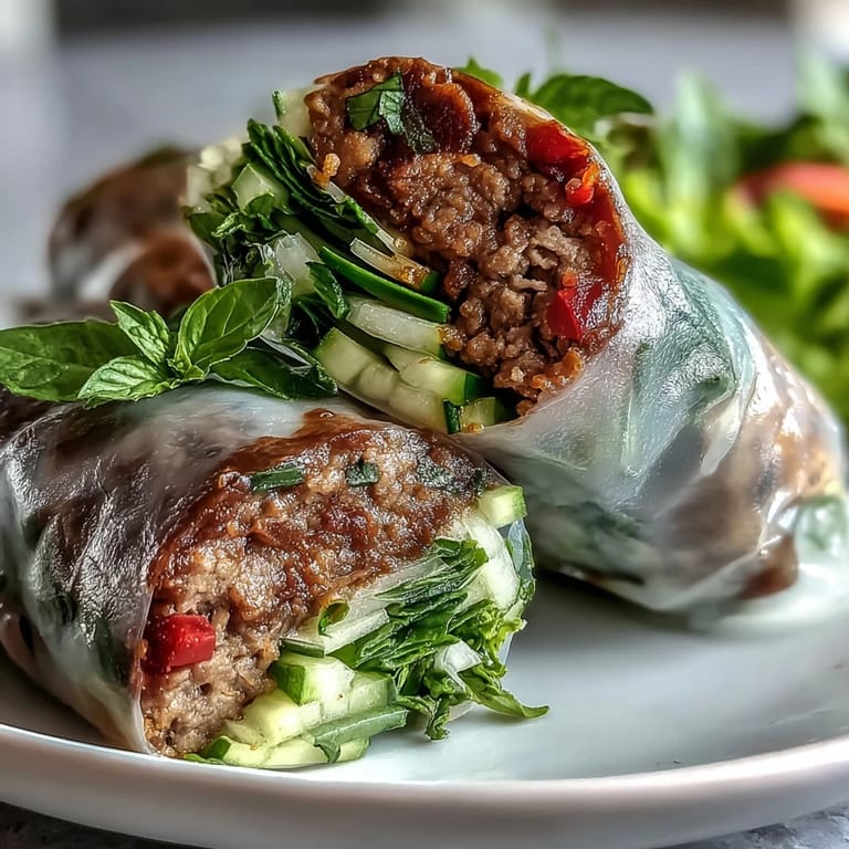 Genussvoll präsentierte Thai Basilikum Rinder Rolls mit frischem Koriander und würziger Süss-Sauer Sauce zum Eintauchen.
