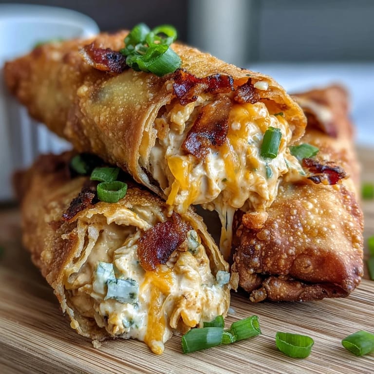 Buffalo Chicken Dip Egg Rolls aus dem Airfryer mit golden-knuspriger Oberfläche, saftiger Hühnchen-Füllung und blauem Käse-Dip, angerichtet auf einem Holzbrett mit Radieschen