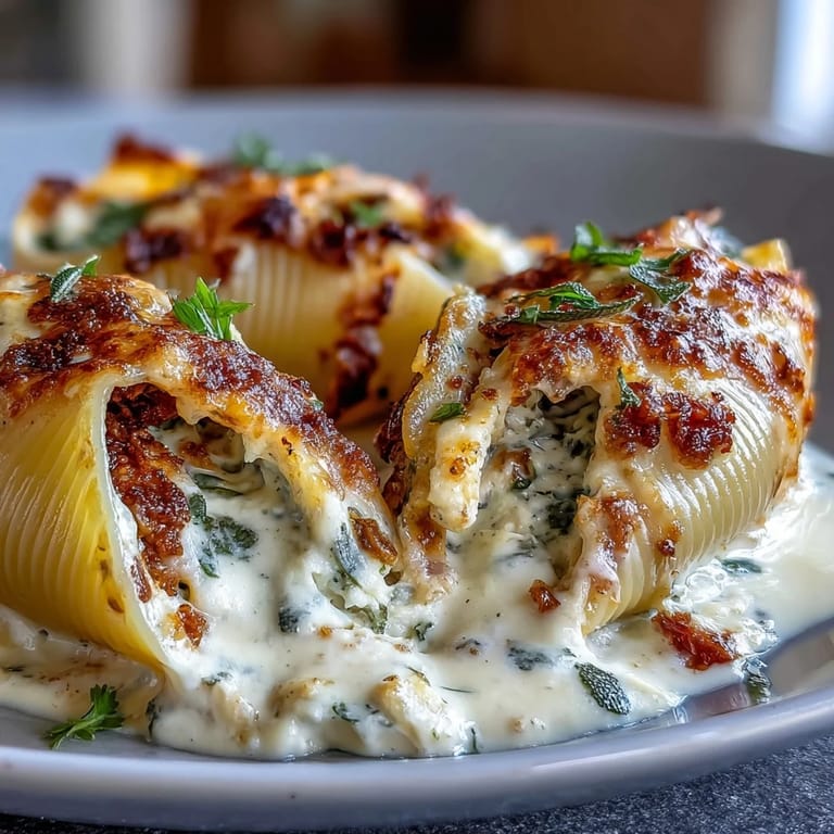 Jumbo pasta shells filled with pumpkin and smoked Gouda cheese are baked until bubbling and garnished with crunchy sage, ready to serve at a cozy autumn dinner.