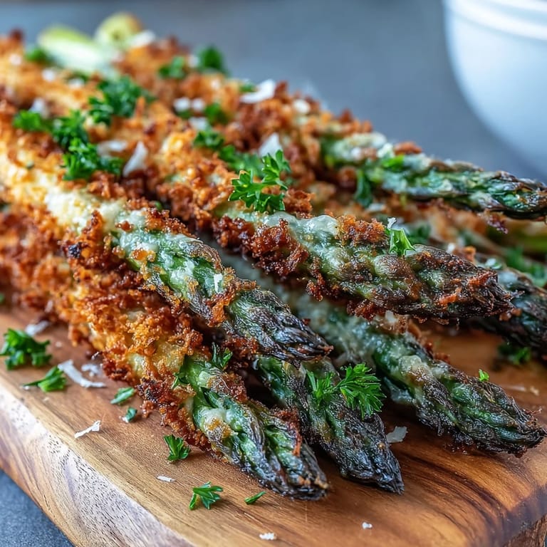 Knusprige Asparagus Asiago Speere mit Panko-Kruste und frischen Zitronen wedges auf weißem Teller.