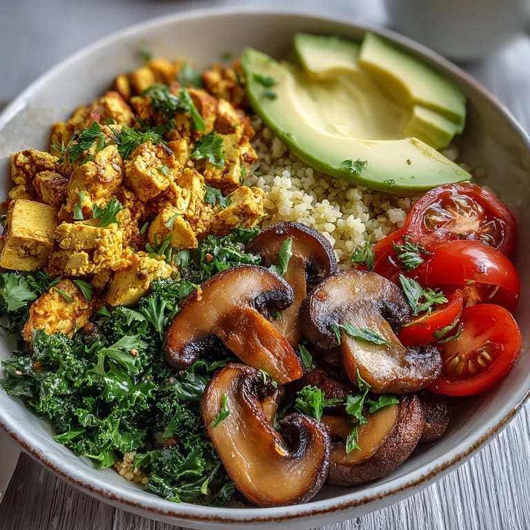 Sättigende Frühstücksschüssel mit würzigem Rührtofu, sautierten Pilzen und Grünkohl auf Couscous-Basis, perfekt für US-Food-Blogger und gesunde Ernährung.