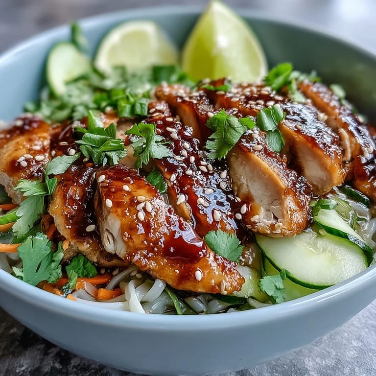 Ein aromatisches Nudelgericht in einer Schüssel, serviert mit Sesam und frischem Koriander.  