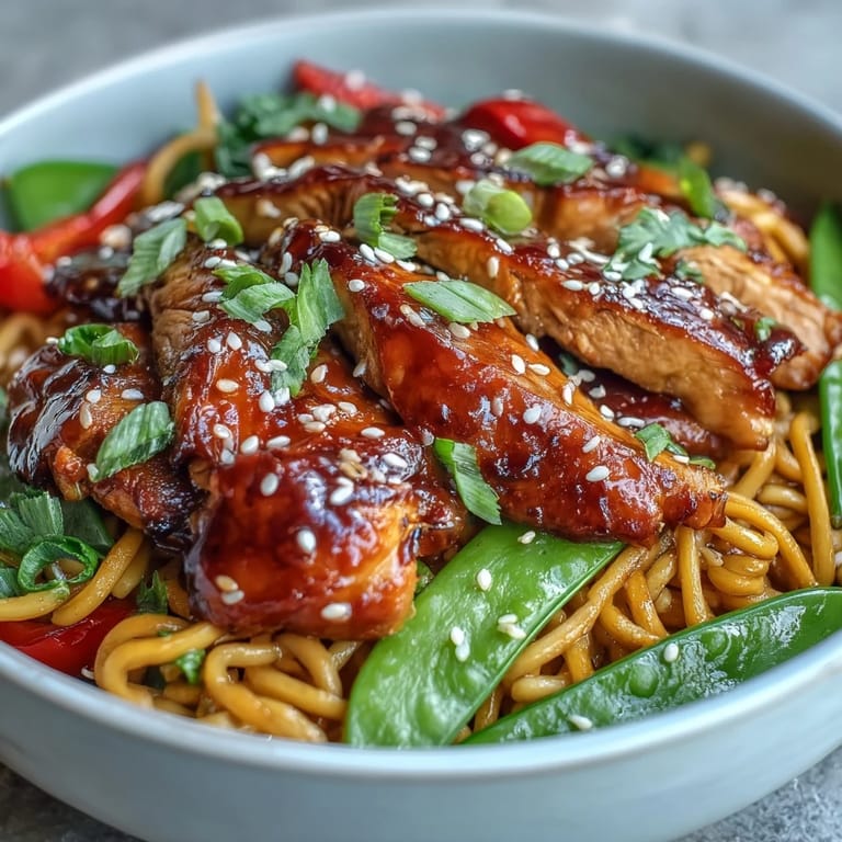 Einfarbiger Blick auf eine Schüssel Sesame Chicken Noodle Bowl mit bunten Paprikastreifen, Möhren, Erbsen und cremiger Sesamsauce.