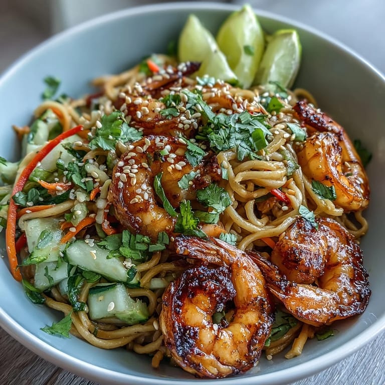 Close-up of a 15-Minute Asian Noodle Bowl With Grilled Shrimp, highlighting juicy grilled shrimp, glossy noodles, and fresh cilantro garnish.