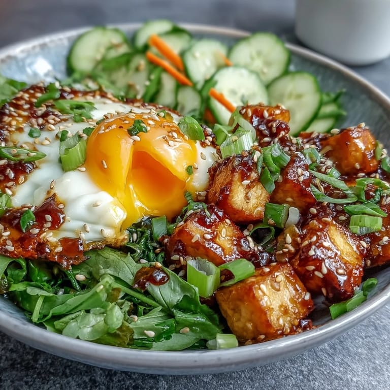 Nährstoffreiche Vegatarische Tofu Jammy Egg Breakfast Bowl mit Sesam und frischen Kräutern auf einer Holzplatte.
