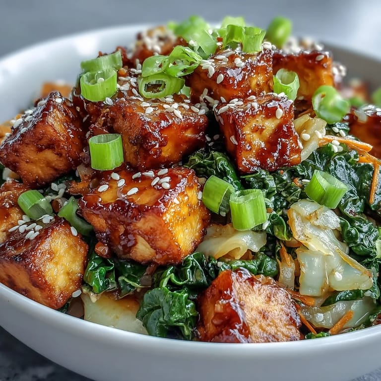 Ein nahrhafter Veganer Tofu Egg Roll in a Bowl mit goldbraunem Tofu, Karottenstreifen und frischen Spinatblättern.