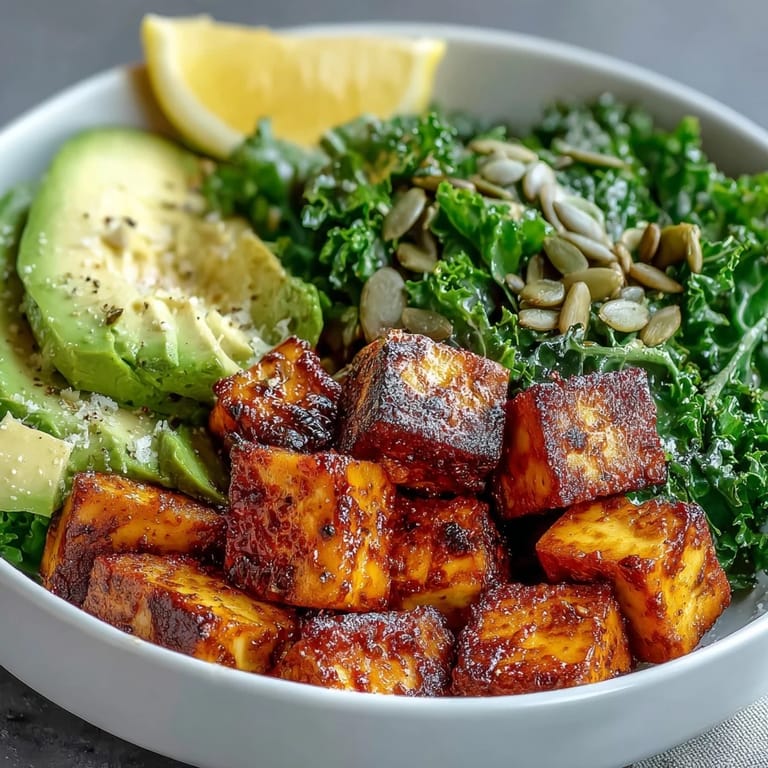 Golden tofu and bright kale tossed with green onions in a nourishing avocado breakfast bowl, finished with lemon.