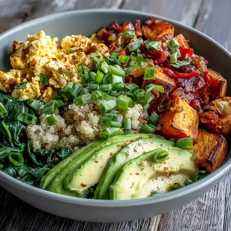 Tofu-Scramble Vegan Breakfast Bowl mit Spinat, fluffigem Quinoa und Duft nach Rauchpaprika.