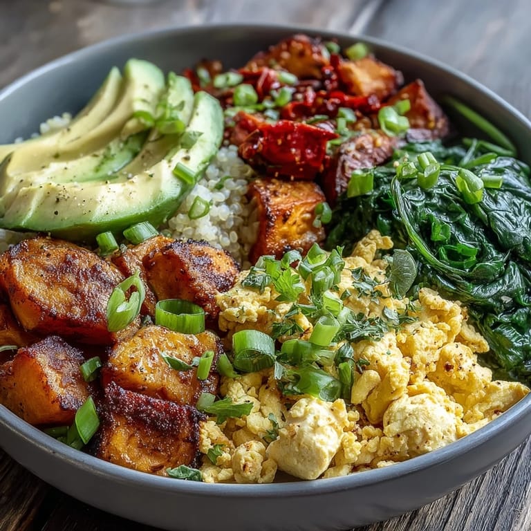 Sättigende vegane Frühstücksschüssel mit Tofu-Scramble, goldigen Süßkartoffelstücken und grünem Spinat.